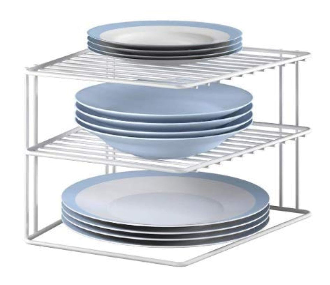 EverEx Mild Steel Kitchen Plate Dish Corner Shelf Rack Stand Shelves Holder Storage Organizer for Tray Pan Pot Utensils, 3-Tier, Medium, White-Alloy steel