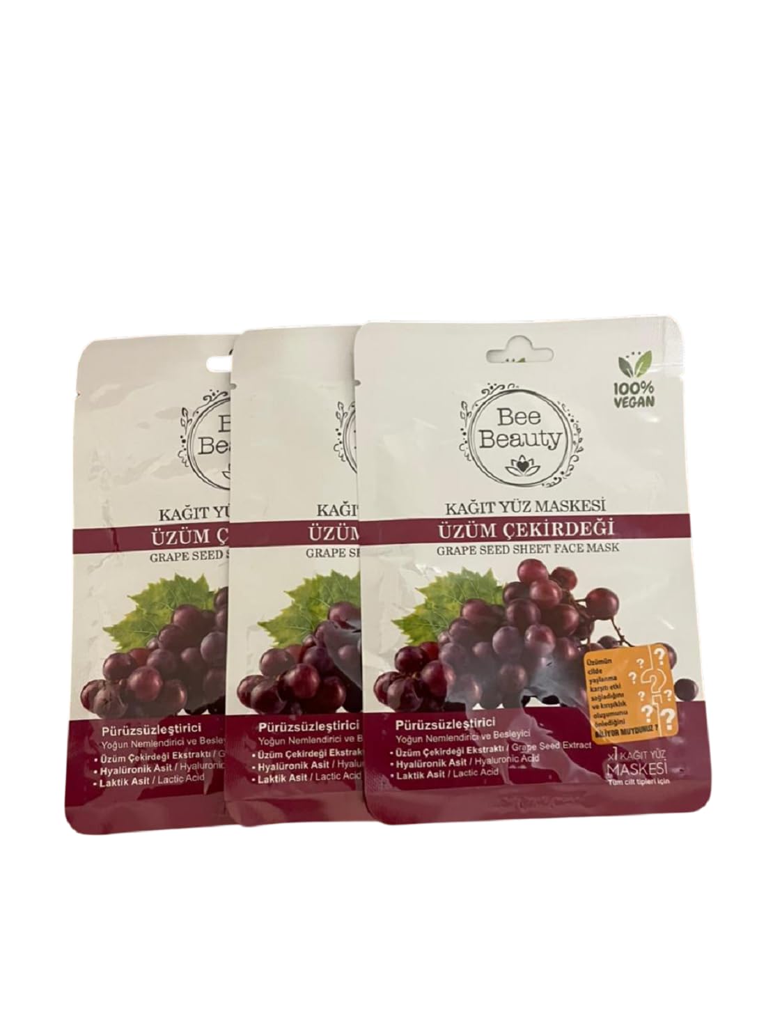 Bee Beauty Grape Seed Sheet Face Mask, 100% Vegan, Hyaluronic Acid, Lactic Acid, 3 Pack
