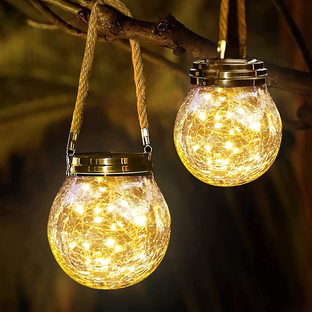 2 Pack Solar Lantern, Outdoor Hanging Solar Light Glass Jar Garden Light with 30 LEDs Waterproof Table Lamp Garden Globe Light for Garden Patio Table Tree Yard Decorative Warm White