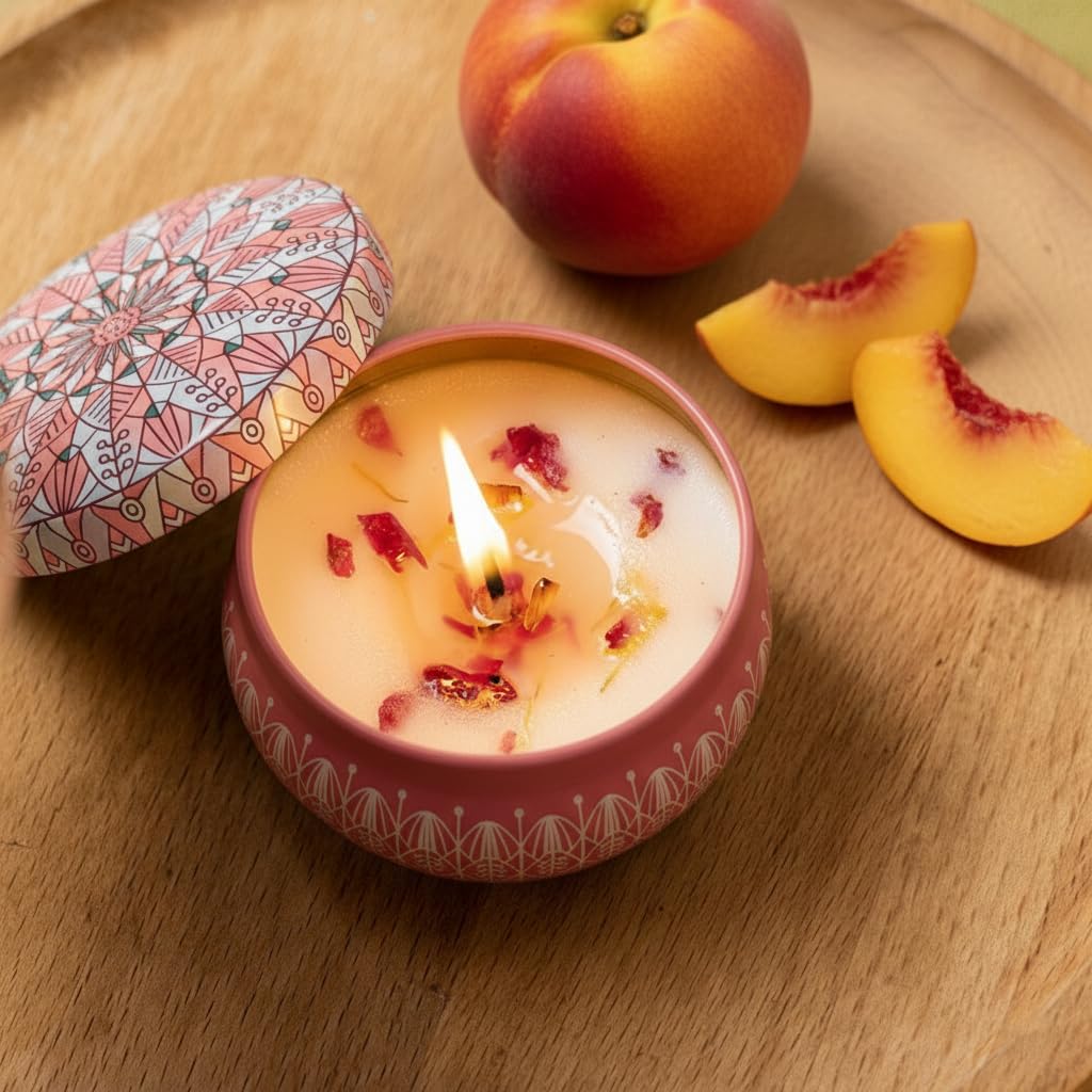 Natural Scented Candle in Decorative Tin – Aromatherapy Home Fragrance Candle – Long Lasting Relaxing Spa Candle – Elegant Gift for Women & Home Décor (Peach)