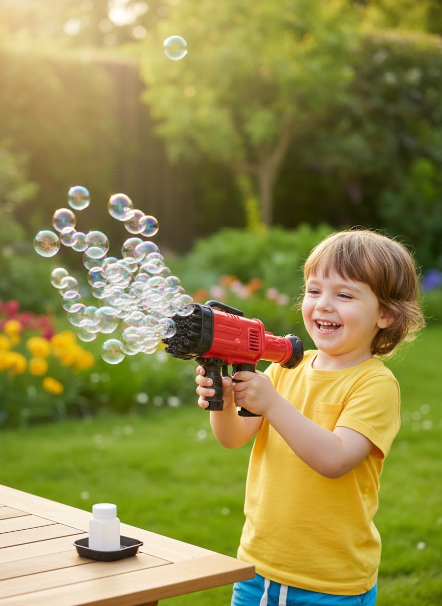 GHAZAL 32 Hole Electric Gatling Bubble Maker Machine Gun Automatic Blower with Soap Solution Indoor Outdoor Toy PoPo Toys for Kids Toddlers - Multicolor