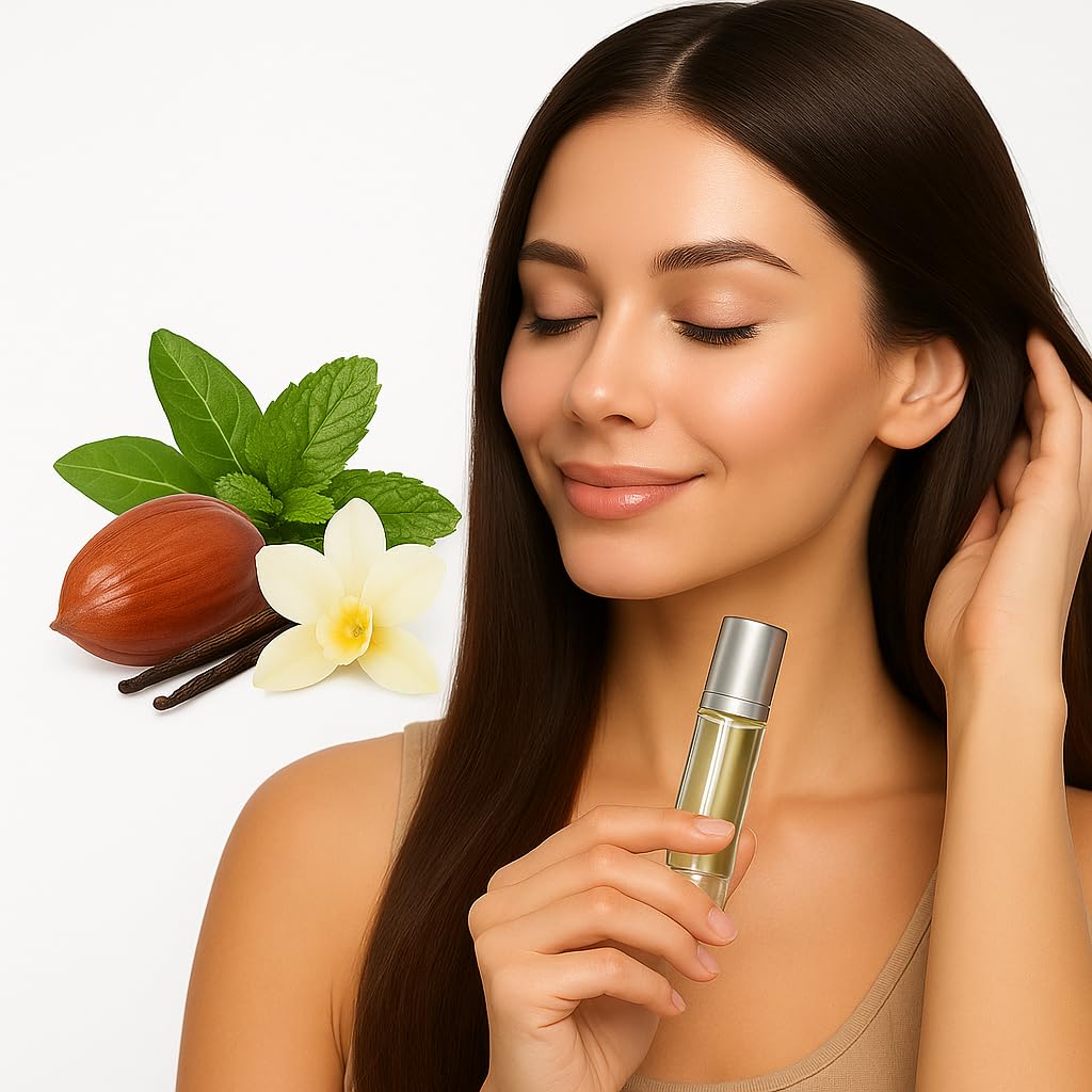 Jojoba, Mint & Vanilla Hair Perfume – Perf. Oil Roll-On 12ml – Alcohol Free – Gives Hair Deep Hydration & Healthy Shine with Luxurious Long Lasting Scent – Fragranced & Treated in One.