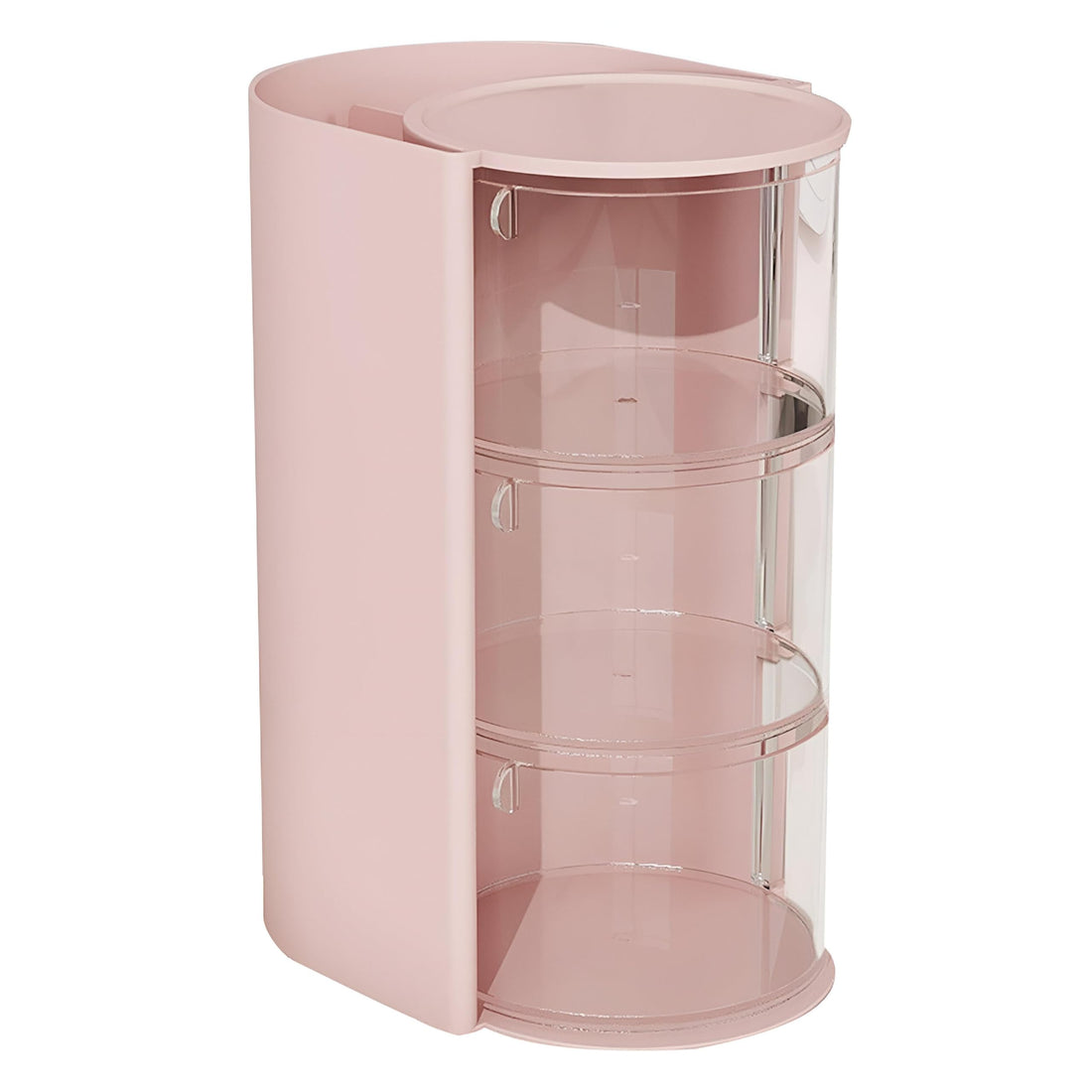 Beauty Caddy - Pink 3‑Layer Rotating Bin for Hair Brushes, Makeup Brushes, Necklaces, Earrings, Bracelets, Rings and Hair Clips, includes brush holder and jewelry compartments for organized travel