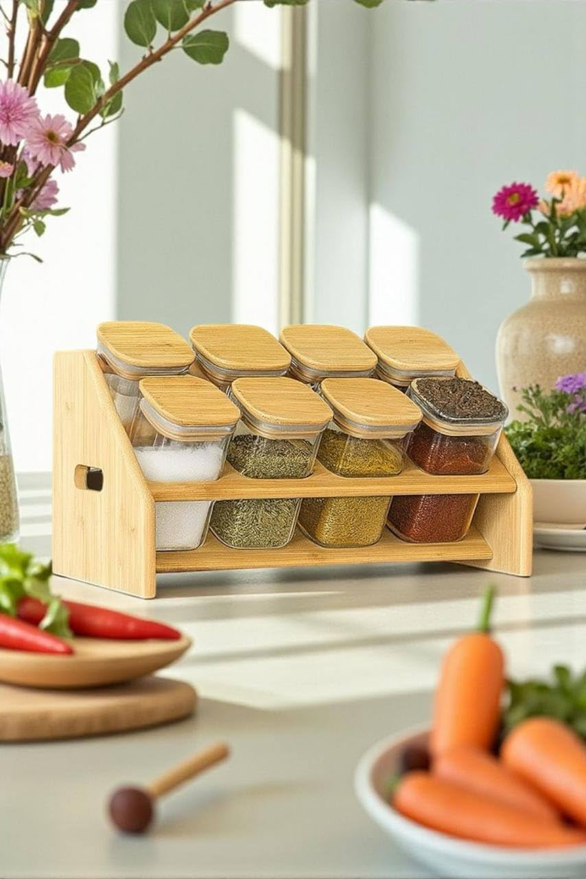 XPY-V9 Kitchen Essentials I-Kea 8 Glass Jars Spices Set With a Wooden Organiser Ladder, 280ml Glass Jars with Wooden Lids and Bamboo Stand, Tabletop Spices Organizer, Symetric Shape