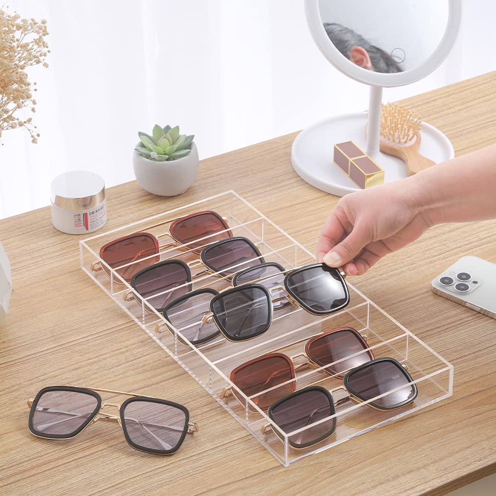 BEST MEDIA Acrylic Sunglasses Display Organizer, 6-Slot Clear Eyeglasses Storage Tray for Desktop or Drawer Use, Sunglasses, Reading Glasses, and Accessories, Suitable for Home or Retail, Clear