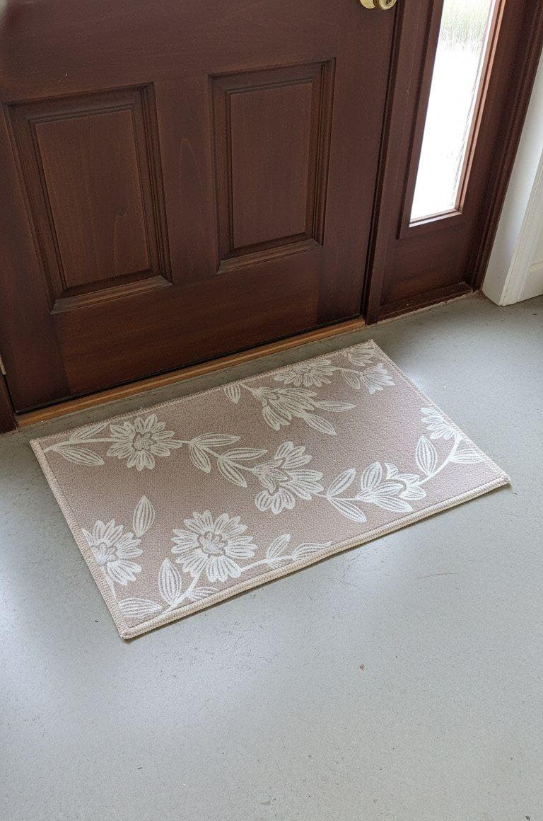 Generic Non-Slip Rubber Backing Mat with Floral Design, Beige and White, 50x35cm .flo