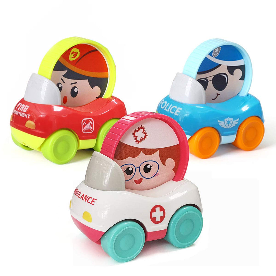 HOLA Cartoon Ambulance Fire Truck Police Car Toy, Emergency Vehicles Toy Set, Push & Go Friction Powered Cars for Toddlers, Great Gift for 12 18 Months, 1 2 3 Year Old Infants Boys Baby Kid (3 Pack)