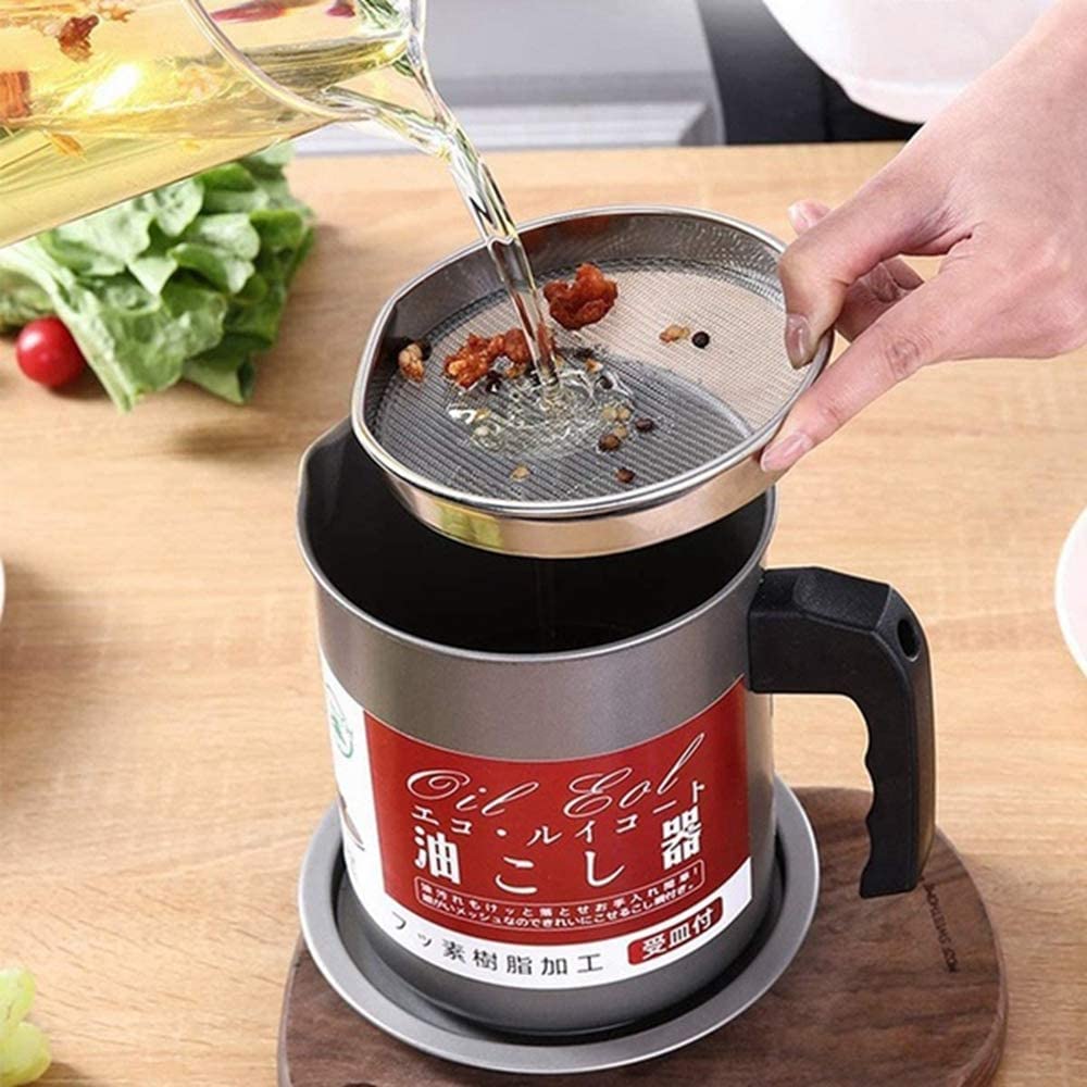ULTRINA Stainless Steel Kitchen Oil Filter Tank Frying Filter Leak-Proof Oil Pot Household Filter Pot 1.4L Oil Container with Strainer Tray Healthy Kitchen Cooking Grease Fat Separator for Filter Oil