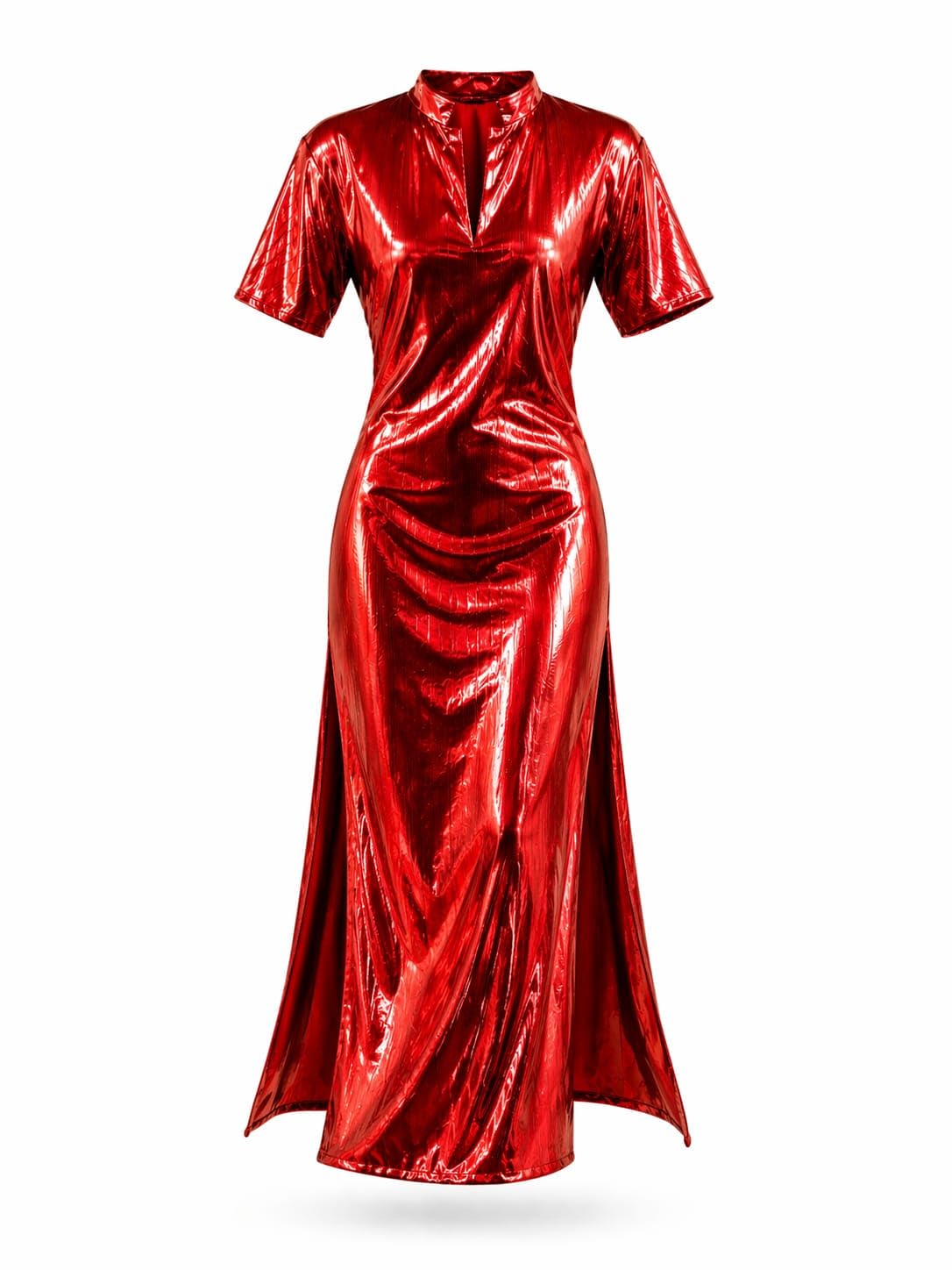 Women's Metallic Maxi Dress Belly Dance Jalabiya Short Sleeve Mock Neck V-Cutout Side Slit Party Wear