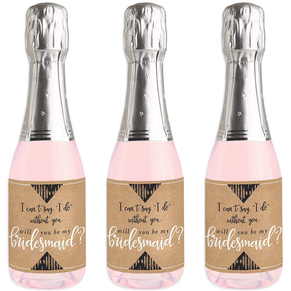 Big Dot of Happiness Rustic Kraft - Mini Wine and Champagne Bottle Label Stickers - Will You Be My Bridesmaid Gift for Women and Men - Set of 16