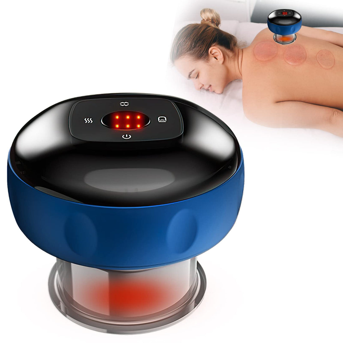 Smart Red Light Electric Cupping Therapy Machine with 12 Gears Rechargeable Gua Sha Cupping Massager for Back Neck (Blue)