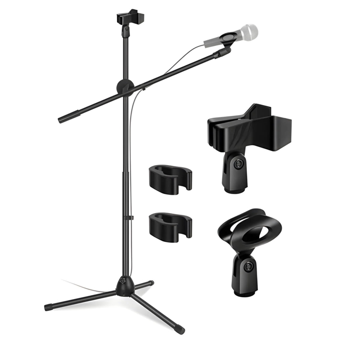 Adjustable Dual Microphone Stand Tripod Mic Stand Holder with Telescopic Boom Arm & 2x Mic Clips for Stage Performance Studio