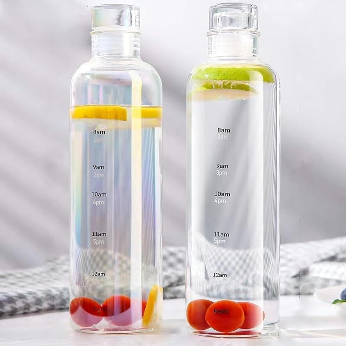 Premium Reusable Glass Beverage Bottle with Time Marker Reminder Quotes & Screw Cap - Stay Hydrated (Pack of 2), Best Product Supplier JUST.FOR U.STORE