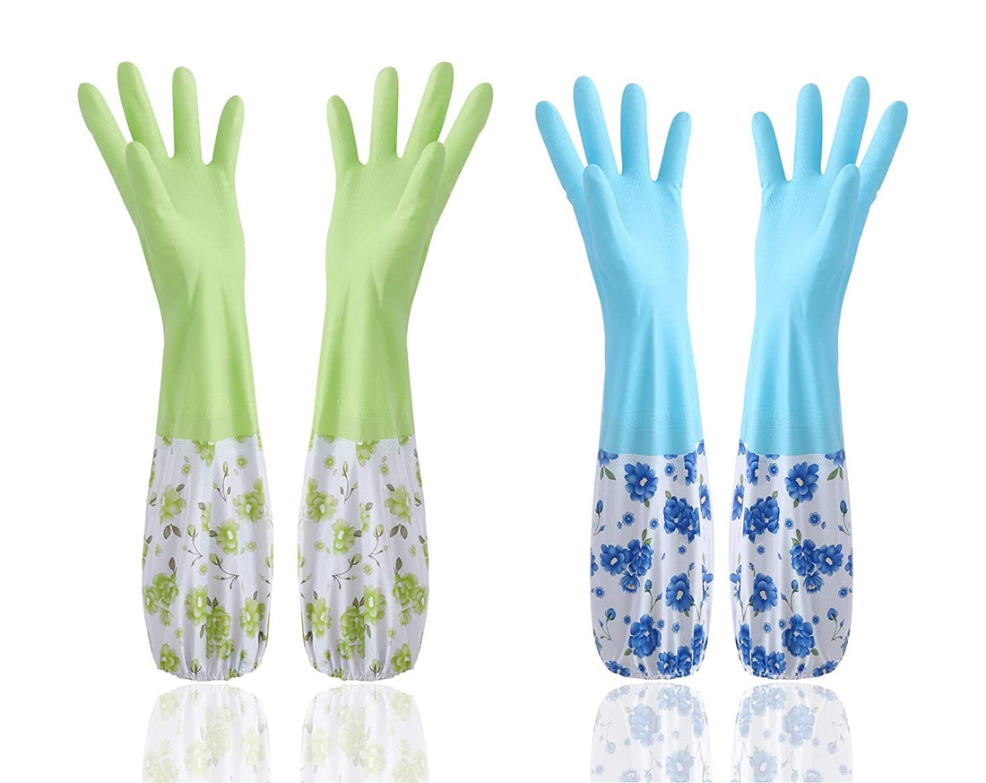 Reusable Rubber Latex PVC Flock lined Long Sleeves elbow length Hand Gloves for Kitchen Dish-Washing, Cleaning, Gardening, Laundry and Sanitation and Lab Work (Green + Blue)