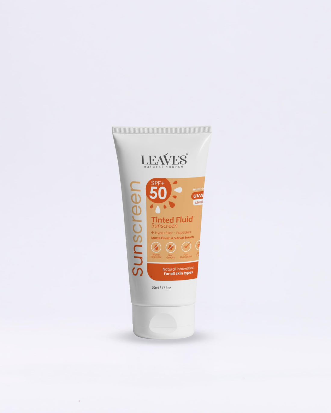 Leaves Tinted Sunscreen SPF 50+ | Broad-Spectrum UVA/UVB Protection with SUNCAT Technology | Natural Coverage & Flawless Finish 50ml