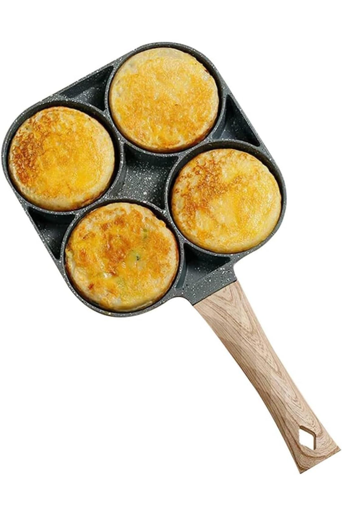 Downtown 18.5cm Four-Hole Non-Stick Egg and Pancake Frying Pan, Wooden Handle Gas Stovetop Compatible, Multi-Section Skillet for Cooking Perfectly Round Eggs and Pancakes Simultaneously