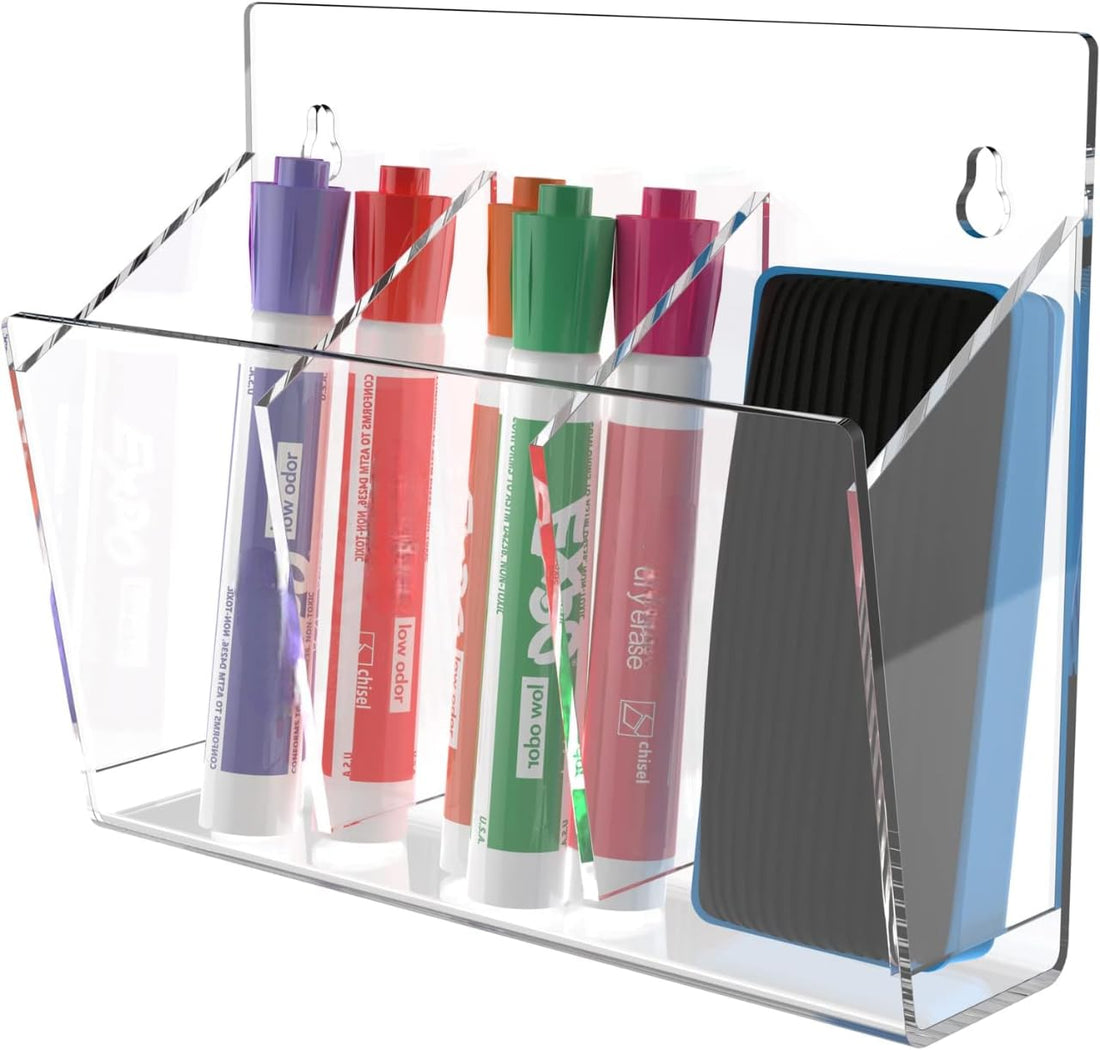 BEST MEDIA Acrylic Marker Holder, Wall Mounted Organizer with 3 Compartments, for Dry Erase Markers, Whiteboards, Classroom and Office Accessories, Includes Adhesive, Clear