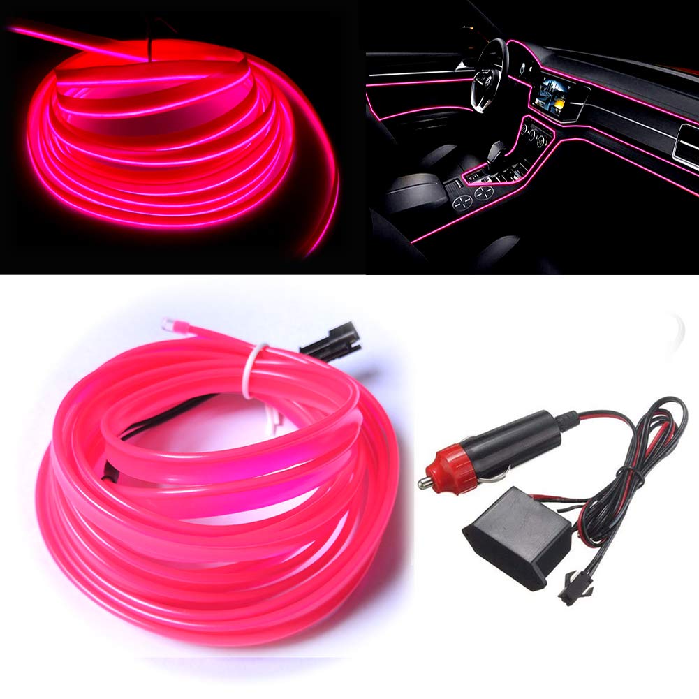 MaxLax El Wire Pink Interior Car LED Strip Lights, 3m neon Wire 12V with Fuse Protection for Automotive Car Interior Decoration with 6mm Sewing Edge