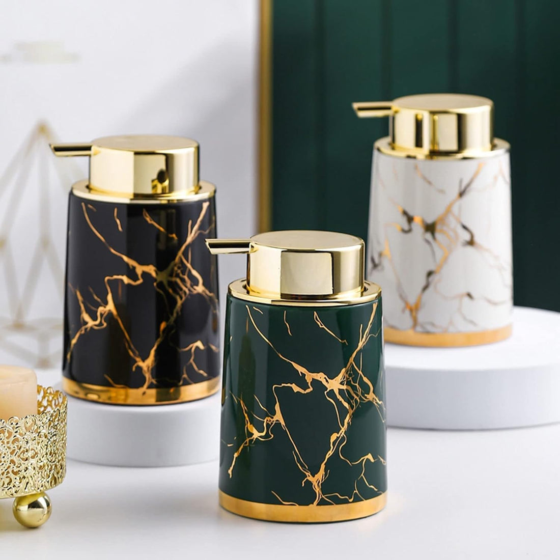 Marble Gold Inlay Ceramic Lotion Dispenser Liquid Hand Soap Dispenser Pump Bottle for Kitchen Bathroom (white)