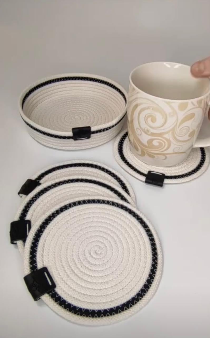Woven It -Handmade Woven Coasters Set, 4 Coasters 13cm, Woven Bowl 17cm x 4cm can be used in Kitchen, living room, dining room, indoor & outdoor.