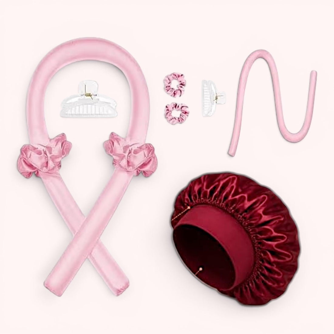 Heatless Curling Rod Headband, No Heat Silk Ribbon Rollers for Overnight Sleeping Curls, Styling Kit with Hair Clips and Scrunchie (Random color) + Satin Sleep Bonnet