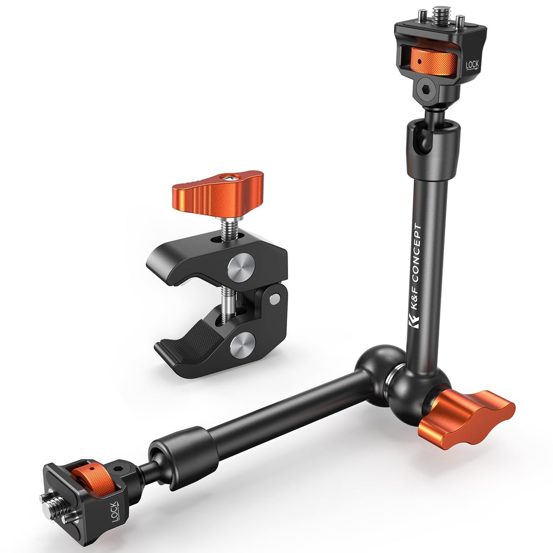 K&F Concept 11" Magic Arm with Super Clamp, Camera Clamp with 1/4" 3/8" Thread Screw, Articulating Friction Arm with Cold Shoe Mount for Monitor LED Light Action Camera, Compatible with SmallRig Cage