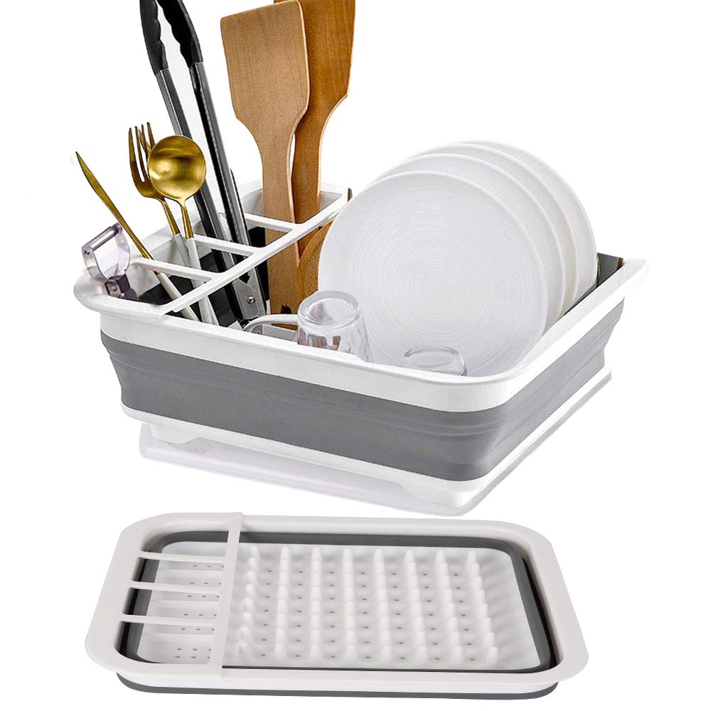 Collapsible Dish Drying Rack with Drainer Board, Portable Dinnerware Organizer - Space Saving Folding Dish and Cutlery Drainer for Kitchen (Grey)
