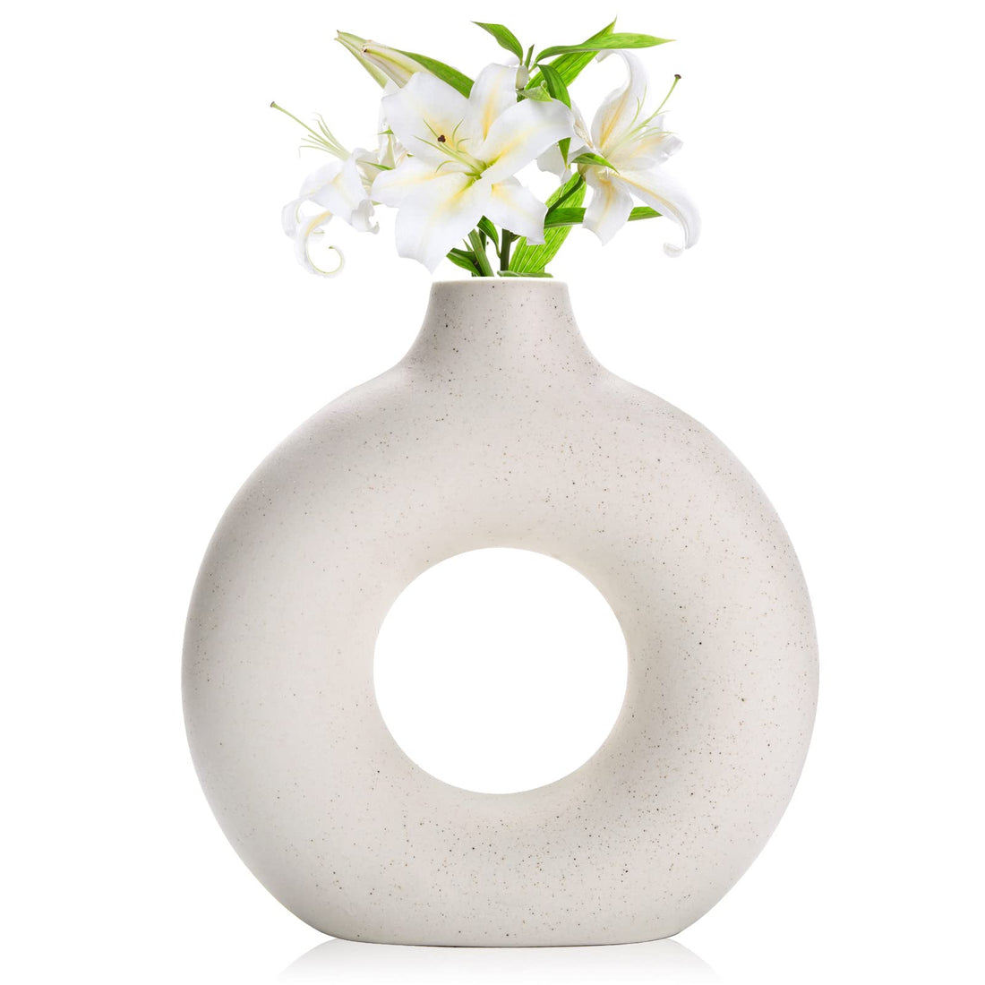 Donut Vase|Circle Hollow Vase|Modern Matte Ceramic Vase Decorations for Entryway Living Room Dining Table Boho Centerpiece Home Office Rustic Decor (Spotted White-9")