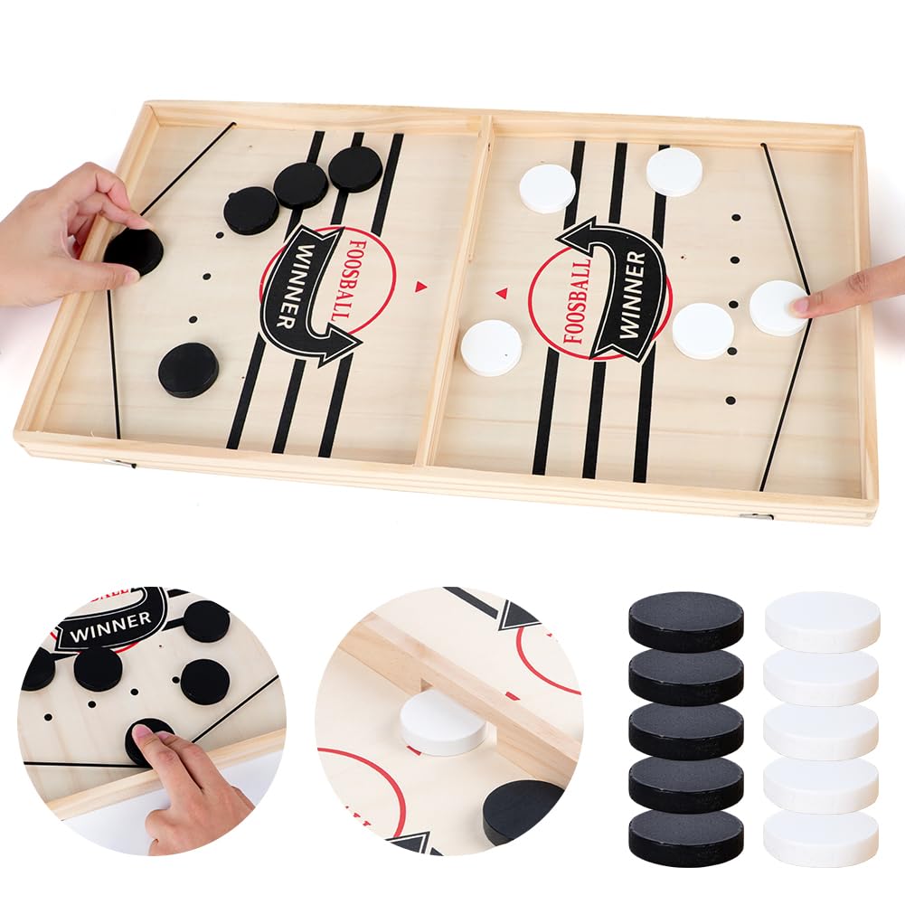 RANJIMA Table Hockey Board Game Large Board Game Hockey Fast Sling Puck Game Wooden Table Football Winning Games, 2-in-1 Portable Parent-Child Interaction Table Game Christmas Birthday Party Games