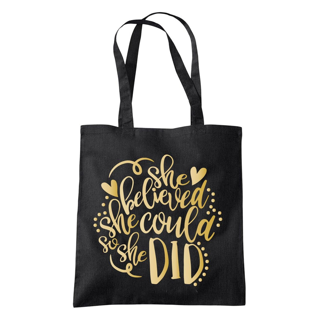 Tote Bag for women, 40x40 cm, Black with Gold Zipper, One sided printing, motivation design, She believed she could, We print your gift