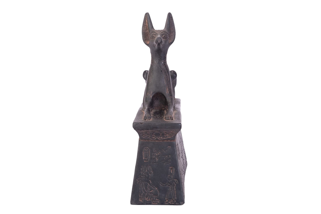 Replica of Anubis shrine with Ramses II chariot scene&Tutankhamun Family - sculpture Handmade in Egypt from Old black basalt stone.