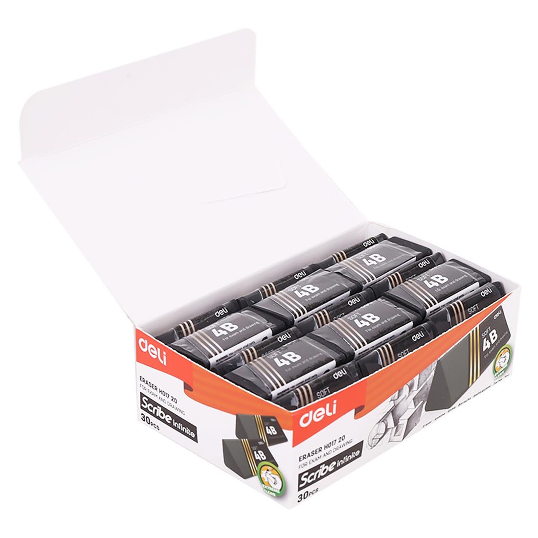 Deli EH01720 Soft Eraser 30-Pieces Set, 40 mm x 19 mm x 19 mm Size, Black