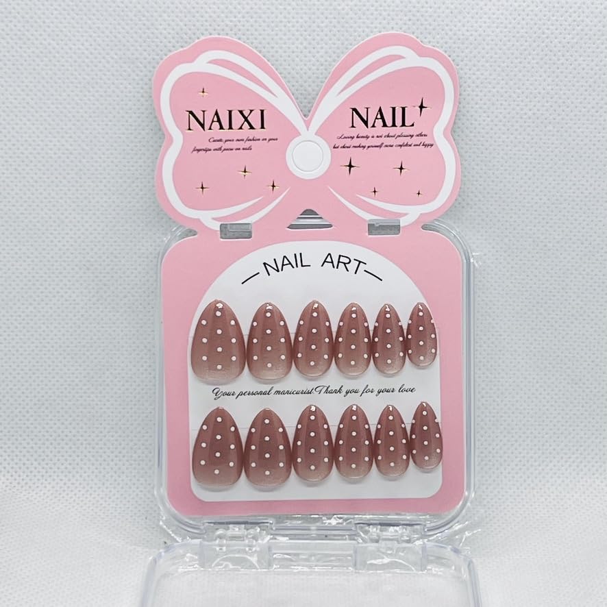 Premium Cat Eye Magnetic Press On Nails with Polka Dots – Glossy Reusable Fake Nails for Women – 8 Trendy Colors (Dark Beige)