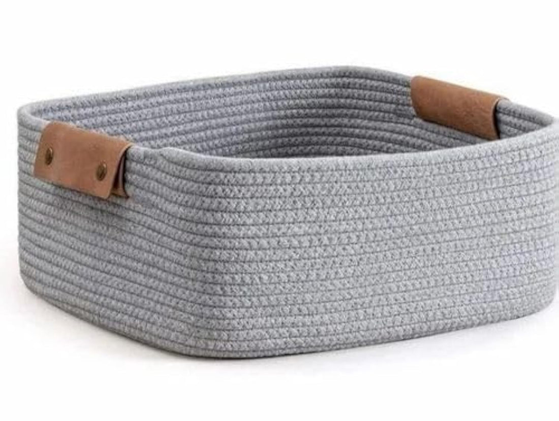 Downtown 2-Pack Rectangular Cotton Rope Woven Baskets, Grey Organisers with Leather Handles, Decorative Natural Fiber Storage Bins for Shelves, Bathroom Items and Home Tidy Solutions