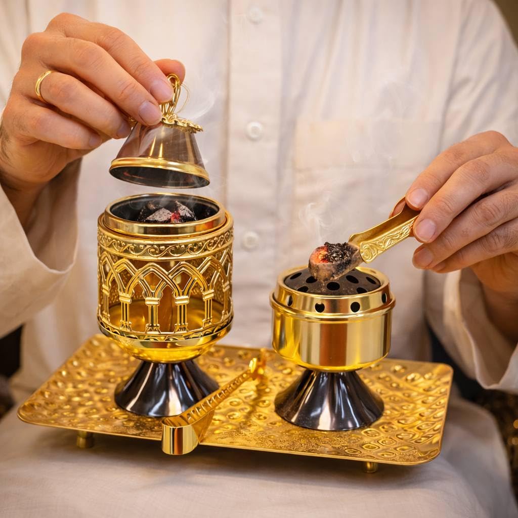 Luxury Gold Incense Burner Set, 4 Pieces, 2 Incense Burner with Tray and Charcoal Handle, Gold Metal with Authentic Arabic Design, Perfect for Gifts and Occasions