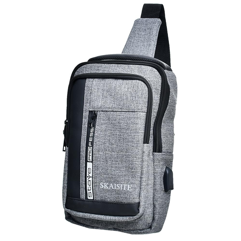 Skaisite Large Leather Two Zipper Cross Bag With Front Zipper Pocket And USB Charging For Men - Grey Black