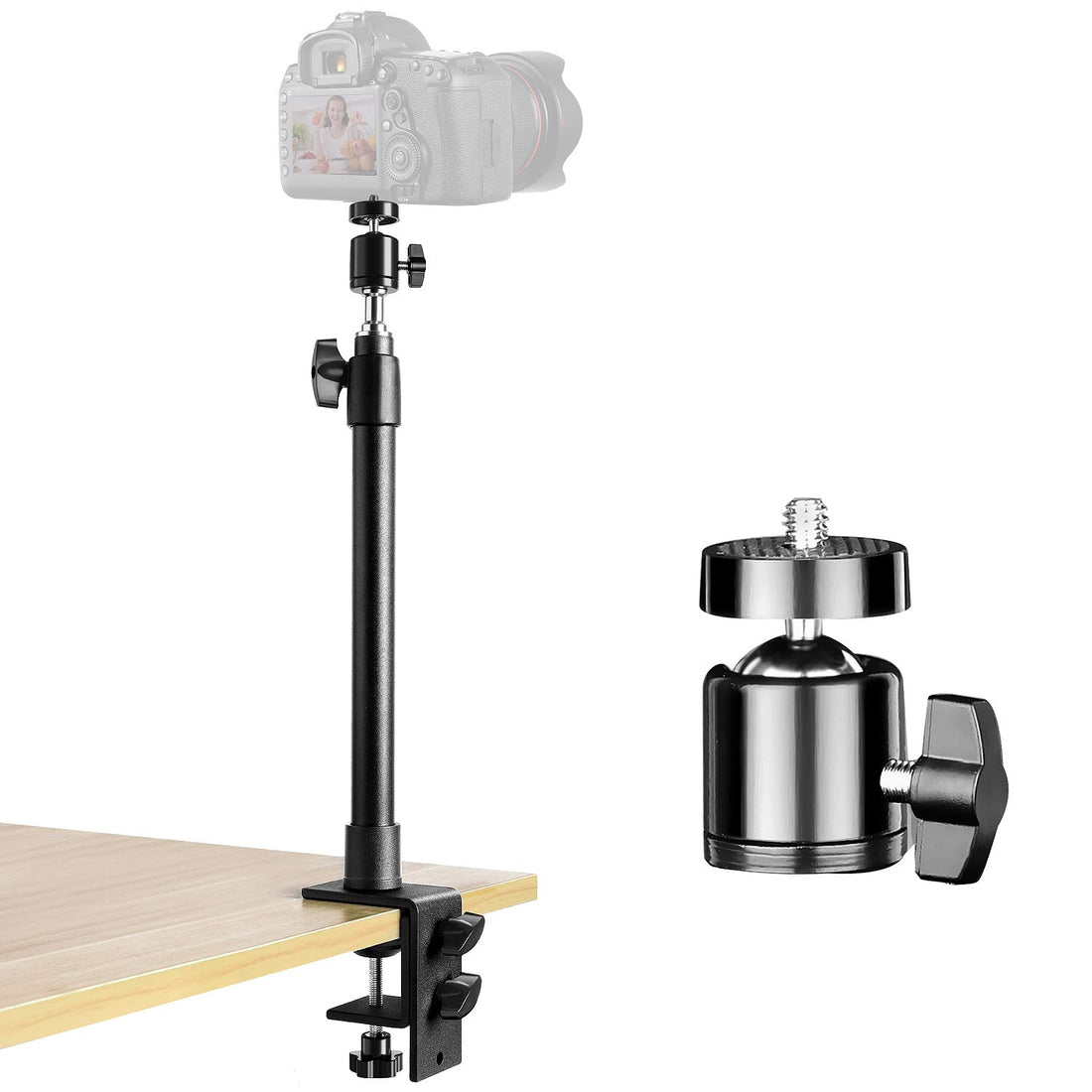 Desk Camera Mount Table Stand with 360° Rotatable Ball Head, 14-25.5 Inch Tabletop C Clamp Mount Stand, Adjustable Aluminum Light Stand for DSLR Camera/Ring Light/Video Light/Webcam