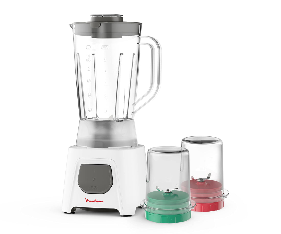 Moulinex LM2B3126 Blendeo, Blender, 450 Watts, 1.5 Liters, 1 Speed and Pulse, Grinder and Grater, Ice Crush, Zelkrom Blades, White