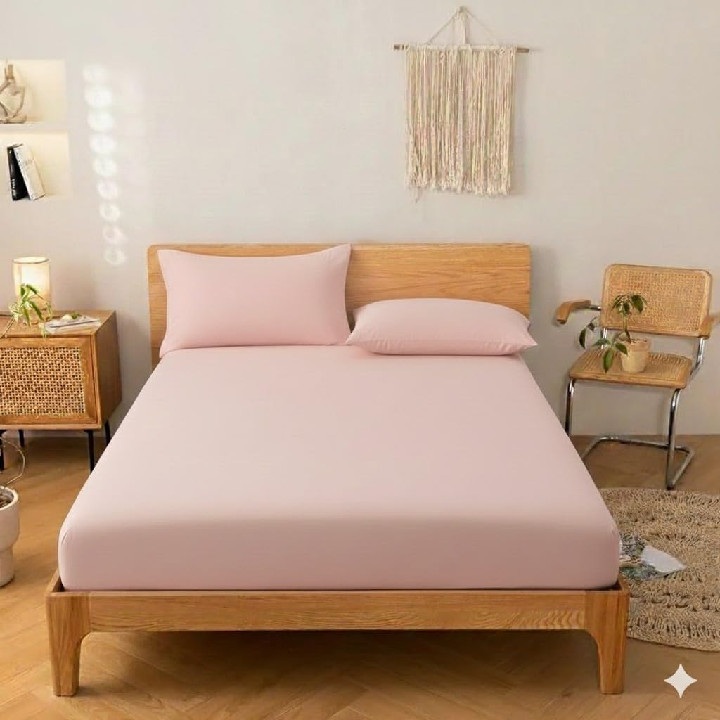 Khoyot Fitted sheet set plain cotton - 3 pieces (1 sheet - 1 pillow - 1 cushion) - Size (100cmx200cmx30cm) - Rose