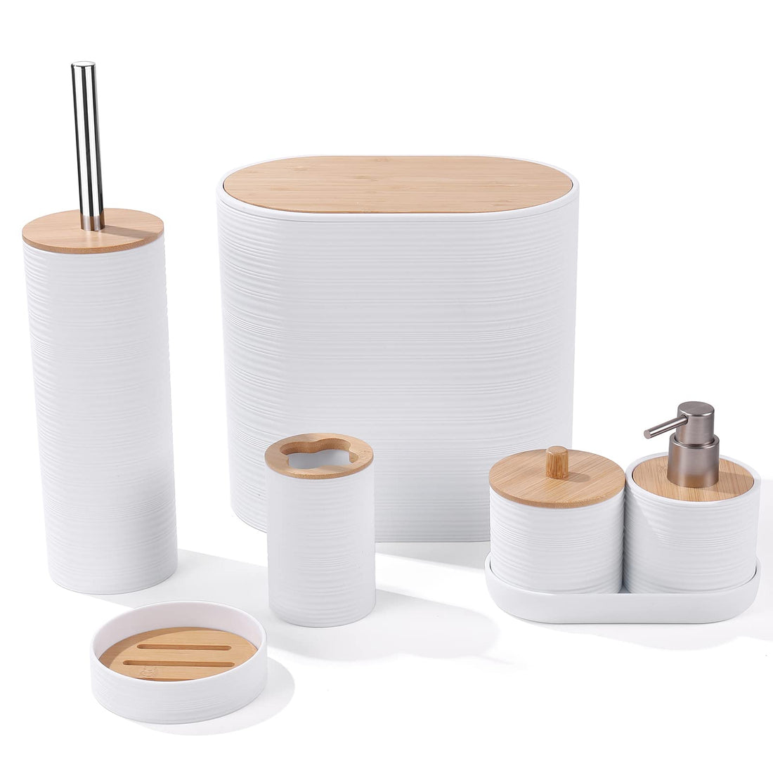 Bamboo Bathroom Accessories Set with Trash Can, Vanity Tray ,Tumbler, Qtip Holder, Soap Dispenser, Soap Dish, Toilet Brush, White