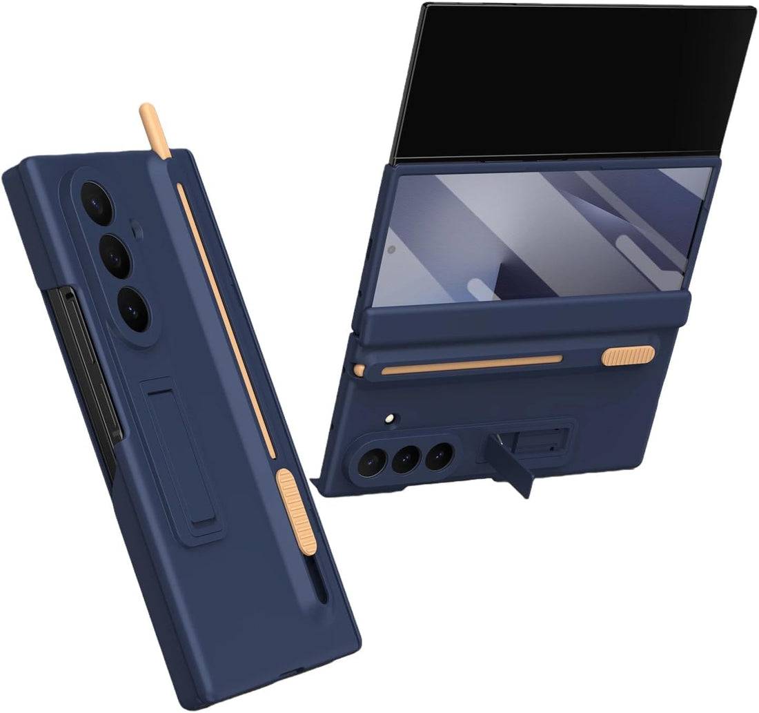 Galaxy Z Trifold Case with Stylus Pen Slot, Built-in Screen Protector, Hinge Protection, Folding Stand, S Pen Holder, Drop Protection for Samsung Galaxy Z Trifold (Trifold Stand Case + Pen-Navy Blue)