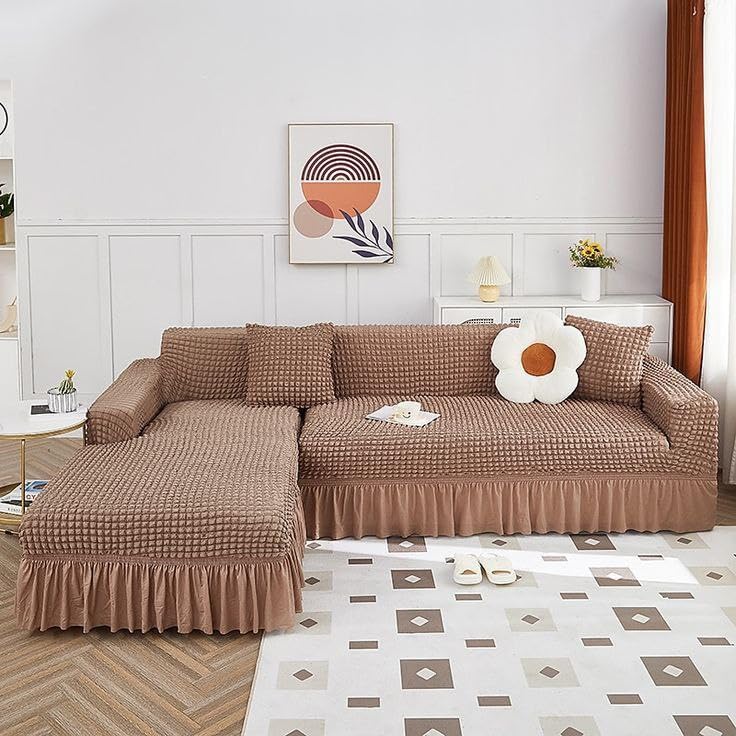 Generic 2-Piece Corner Sofa Set with Jumbo Covers, cafe Textured Fabric with Ruffle Skirt, (cafe) .flo