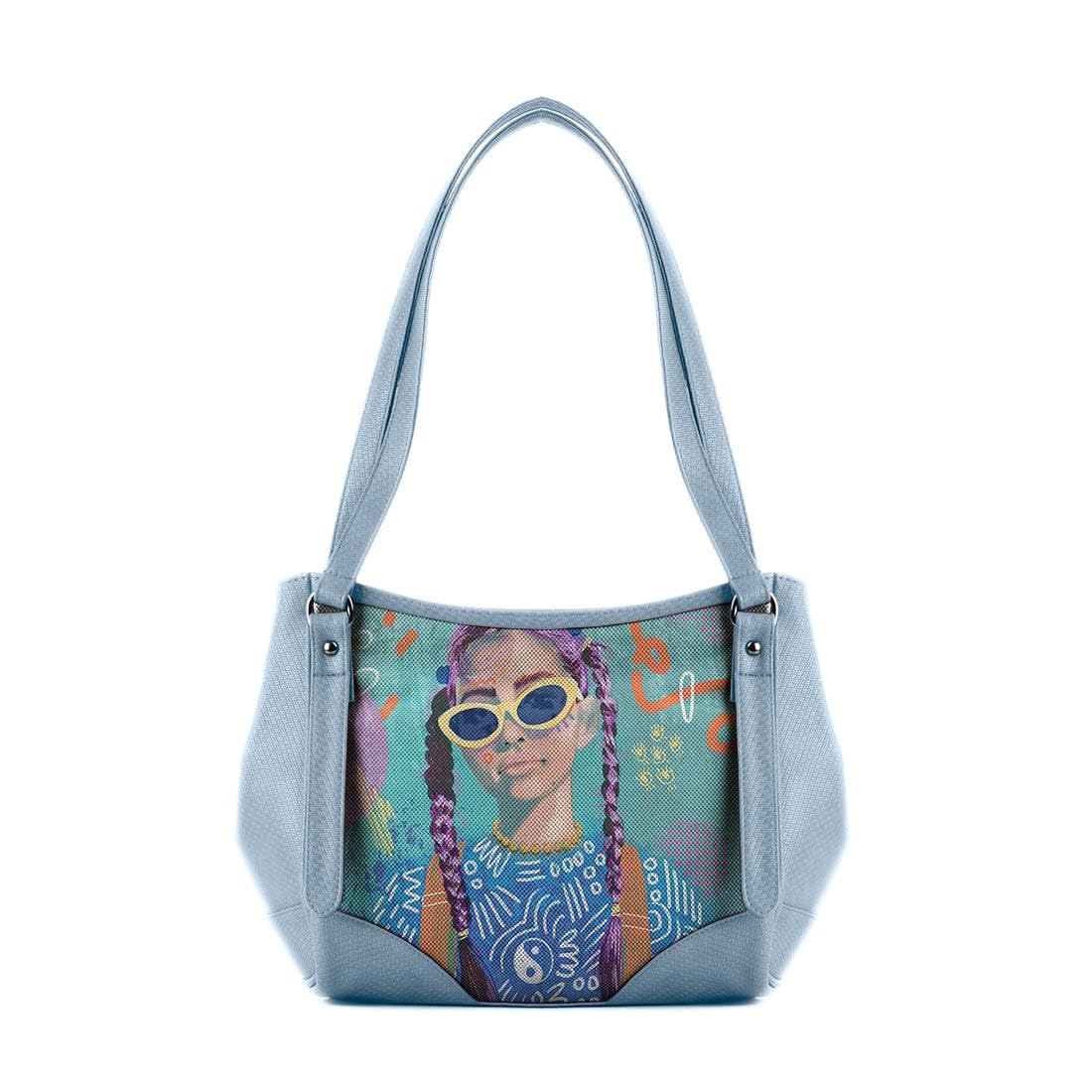 Artistic Tote Bag with Pop Art Design, Blue Leather, Decorative Lilac Details