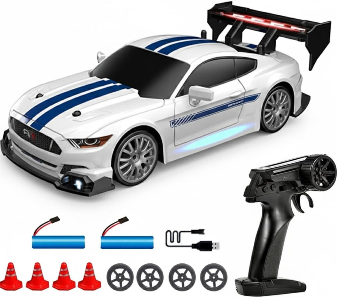 TOYS LAND 1:24 Scale RC Drift Car, 2.4GHz Remote Control Car, 20KM/H High Speed 4WD Racing RC Cars, Extra Tires, LED Lights, 2 Rechargeable Batteries, Sport Vehicle Toy for Adults kids Boys 8+ (White)