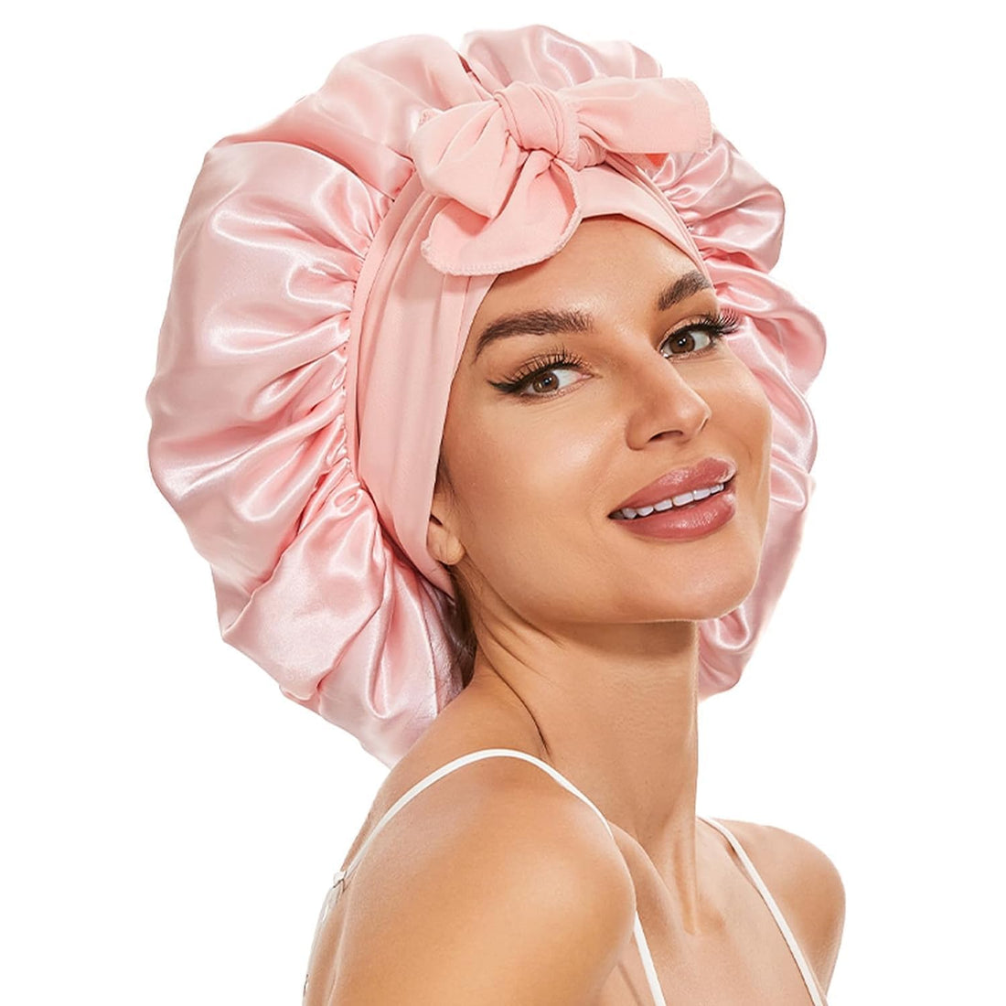 Bukela Large Silk Bonnet for Sleeping, Satin Hair Bonnet for Sleeping with Tie Band, Double Layer Satin Bonnets for Women Natural Curly Hair (Pink)