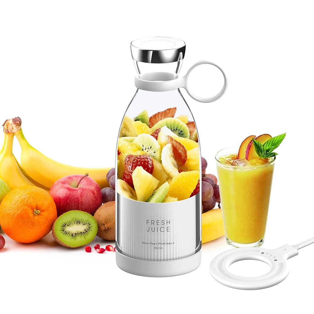 Portable blender smoothie maker, 350ml fresh juice mini blender bottle with usb fast charging, multifunctional milkshake juice smoothie bottle for gym, office, baby food, travel (white)