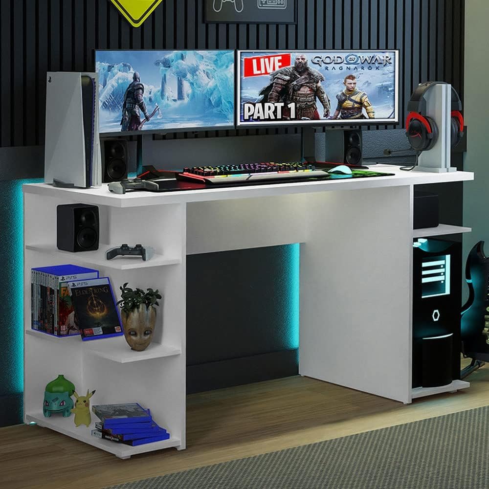 Gad Woods Gaming Desk, Modern Design, White, 140 x 60 x 75 cm, with Side Storage Shelves, Space for 2 Monitors, MDF