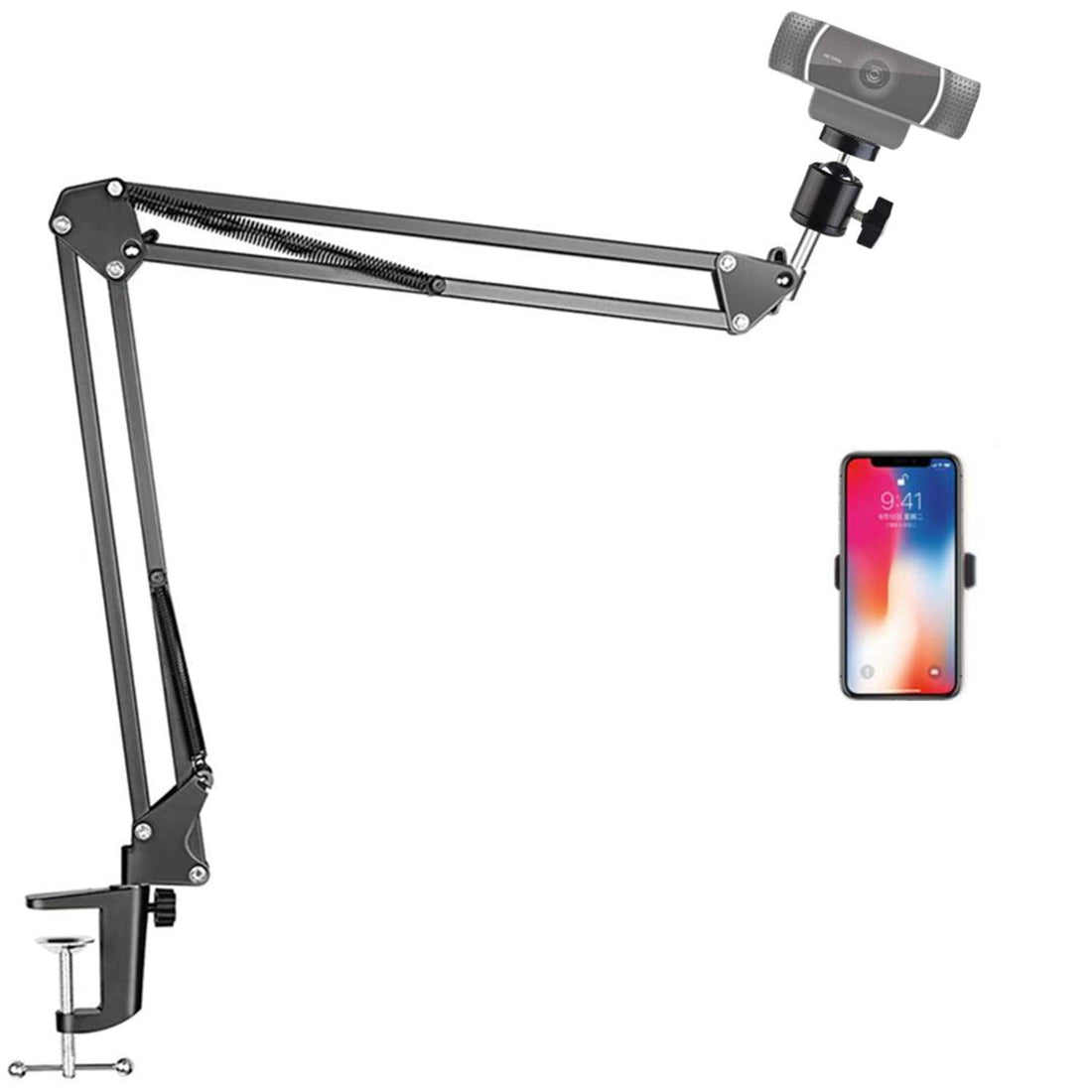 Overhead Desk Webcam Stand with Phone Holder,Suspension Scissor Arm Stand Compatible for Logitech Brio 4K C922X C930e C930 C920 C615,Gopro 7/6/5/4,Cellphones