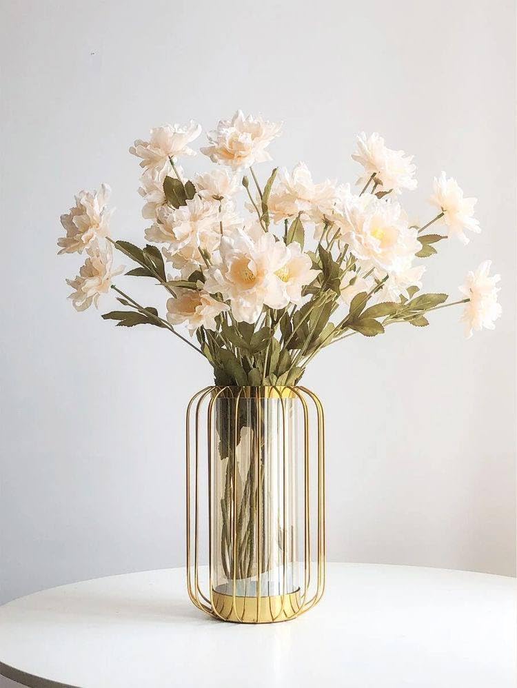 Decorative Metal Vase with Glass Test Tube - Modern Design Hydroponic Plant Stand (22x15cm) - Art Piece for Office and Home - Elegant Black/Gold