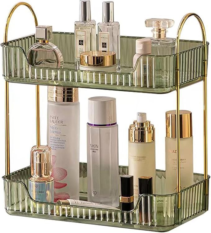 Bathroom Counter Organizer Countertop Storage, Cosmetics Skincare Shelf Organizer, Makeup Organizer Perfume for Dresser Vanity Tray, Spice Rack Organizer for Kitchen(2 Tier-Green)